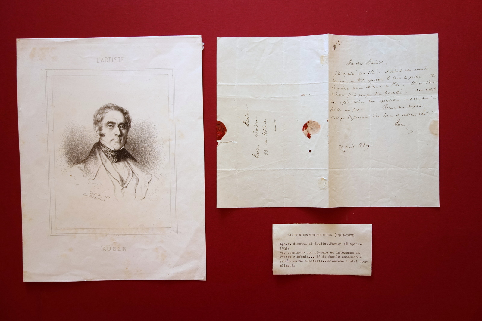 Autografo Daniel Francois Aubier Lettera 27/4/1839 Baudiot Musicista Compositore