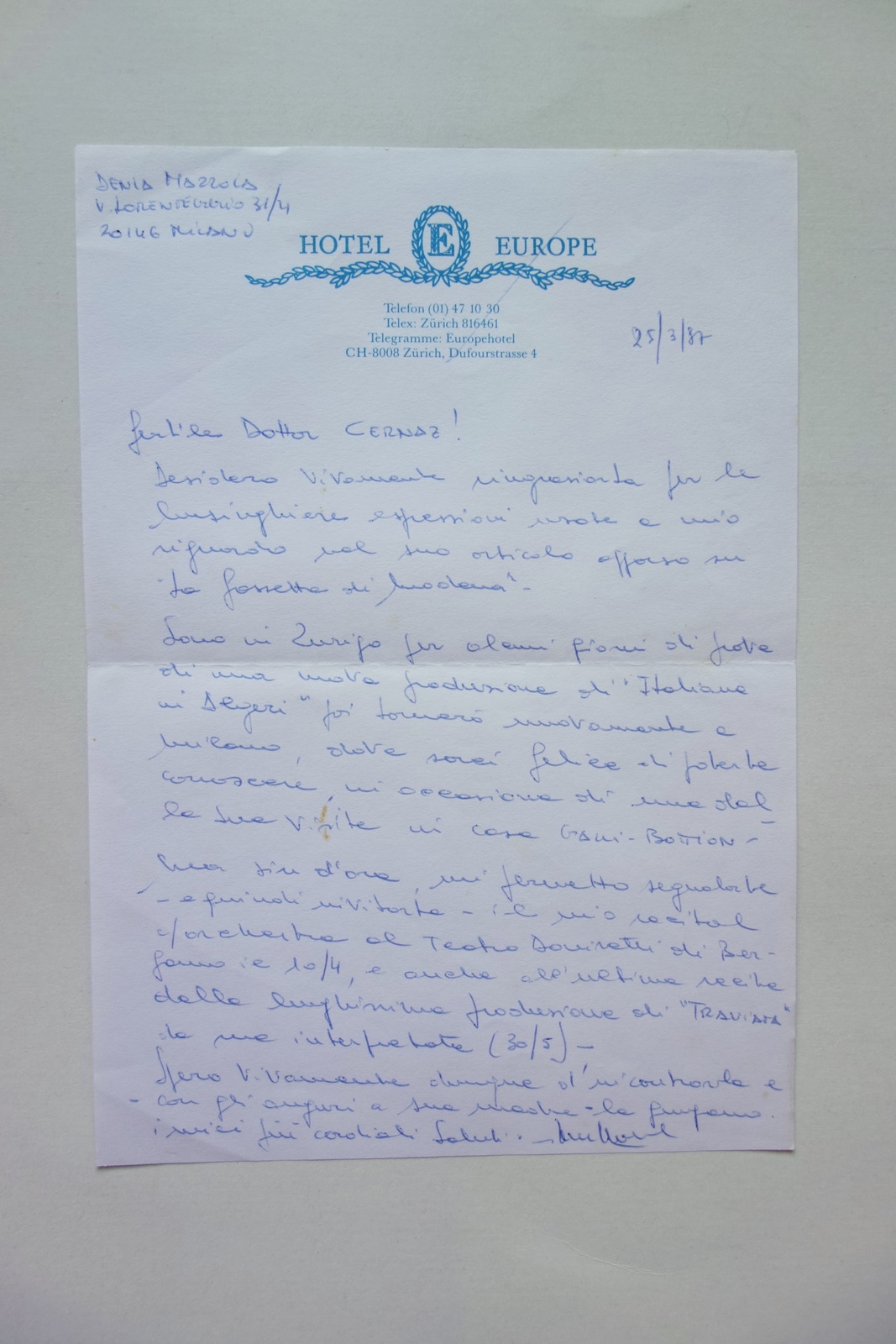 Autografo Denia Mazzola Gavazzeni Lettera Zurigo 1987 Soprano Lirica Cernaz