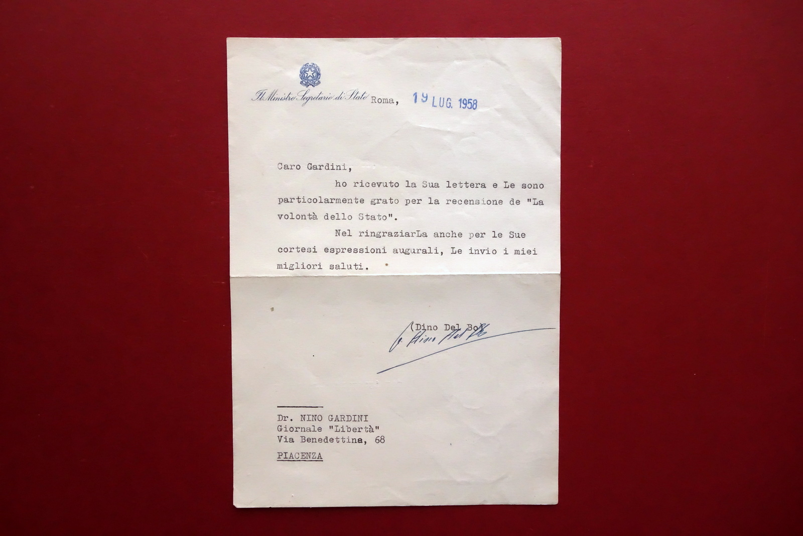 Autografo Dino del Bo Lettera Firmata Ministro Segretario di Stato …