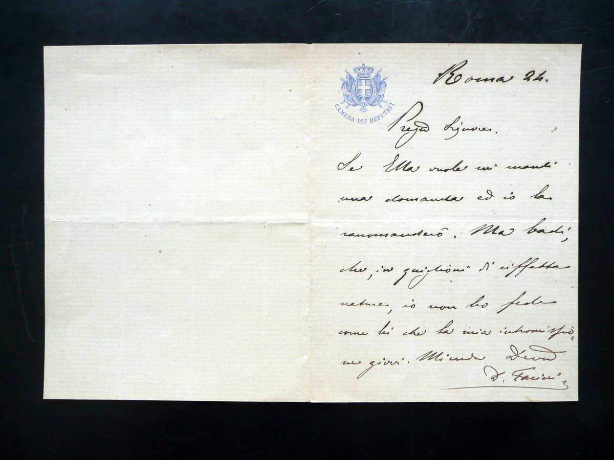 Autografo Domenico Farini Lettera Camera dei Deputati Raccomandazione Montescudo