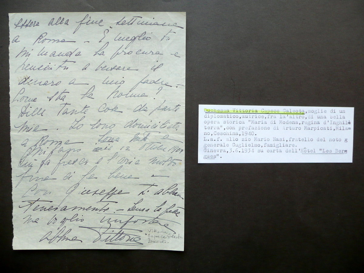 Autografo Duchessa Vittoria Capece Galeota Lettera Ginevra Les Bergues 1934