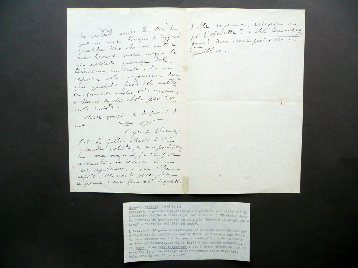 Autografo Eugenio Checchi Lettera Fanfulla della Domenica Roma 1884 Filippi
