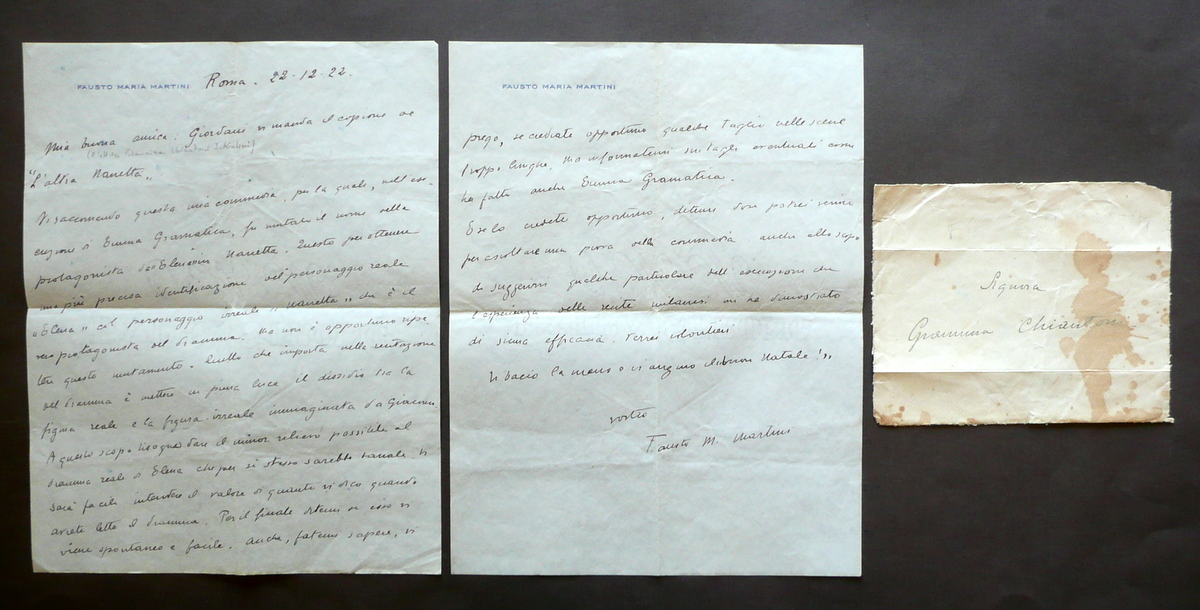 Autografo Fausto Maria Martini Lettera Roma 22/12/1922 L'Altra Nanetta Chiantoni