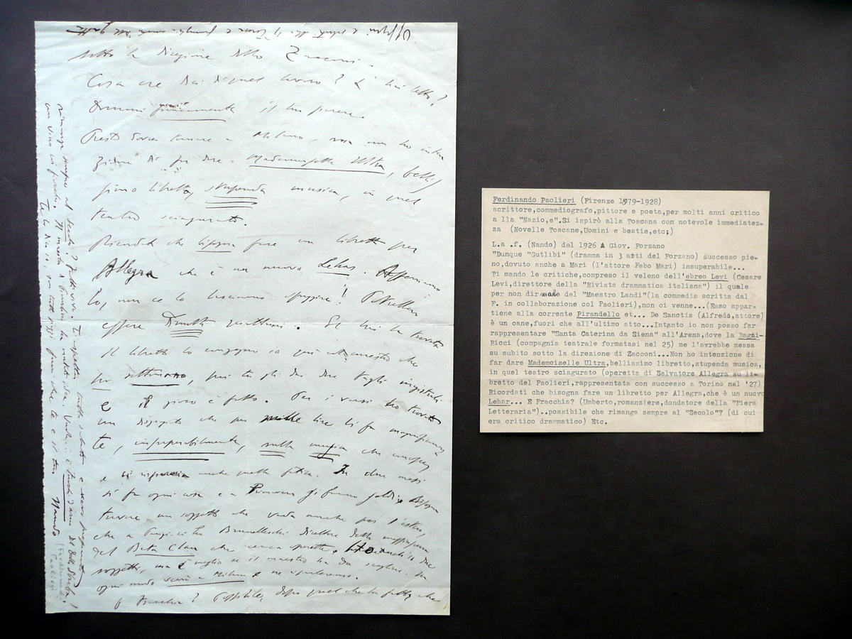 Autografo Ferdinando Paolieri Firenze Lettera 1926 Forzano Teatro Maremma