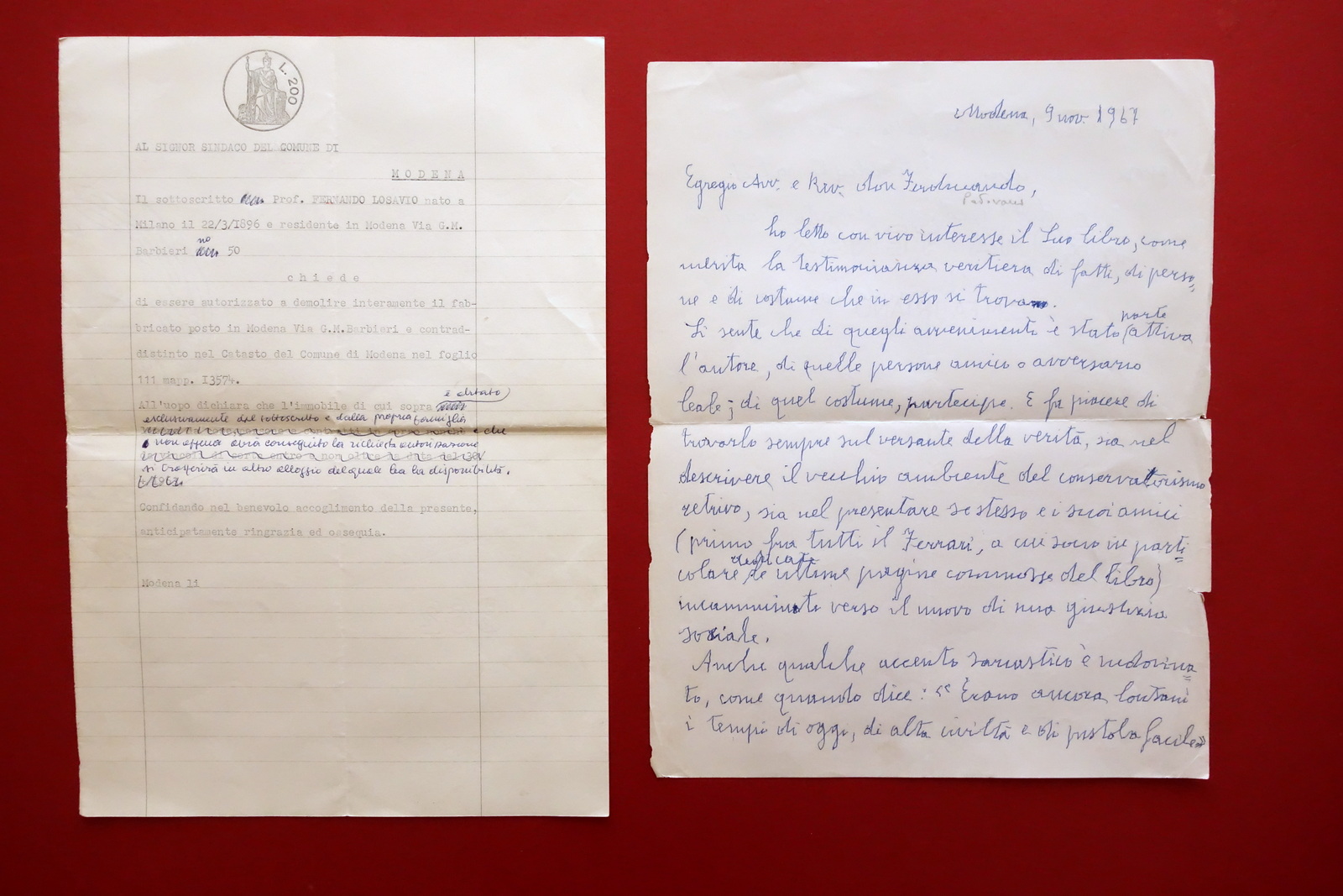 Autografo Fernando Losavio Poeta Lettera Modena 1967 Don F. Padovani …