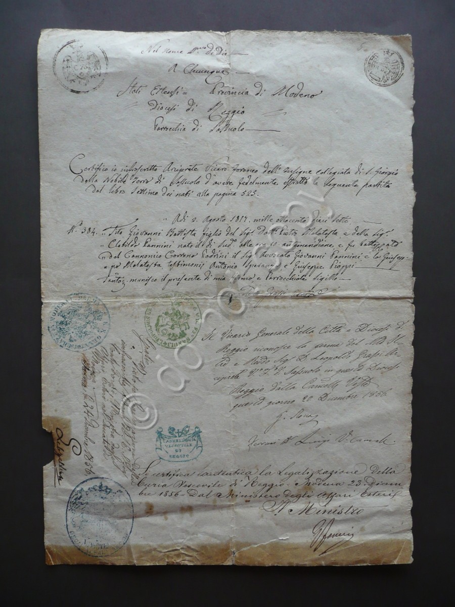 Autografo Forni Manoscritto Attestato Nascita Collegiata S.Giorgio Sassuolo 1856