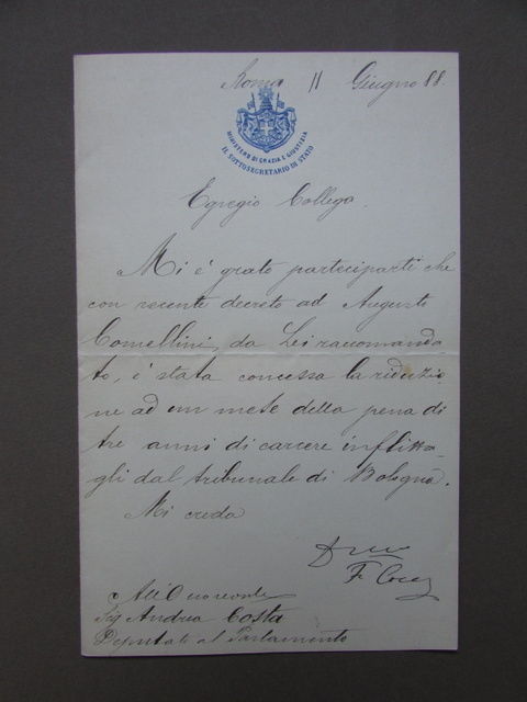 Autografo Francesco Cocco Ortu 1888 Ministro Giustizia Riduzione Pena Socialismo