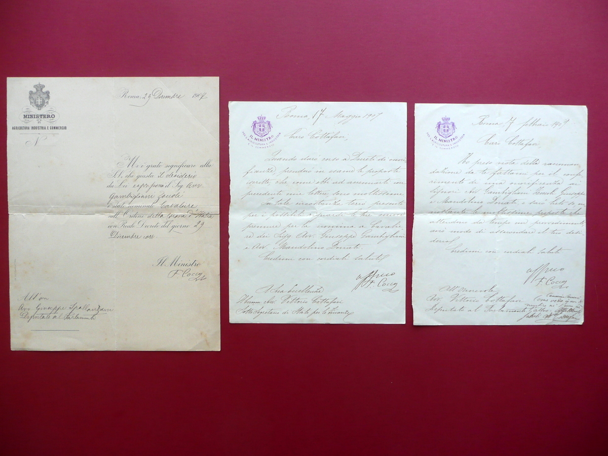 Autografo Francesco Cocco Ortu 2 Lettere 1 Modulo 1907 Ministro …