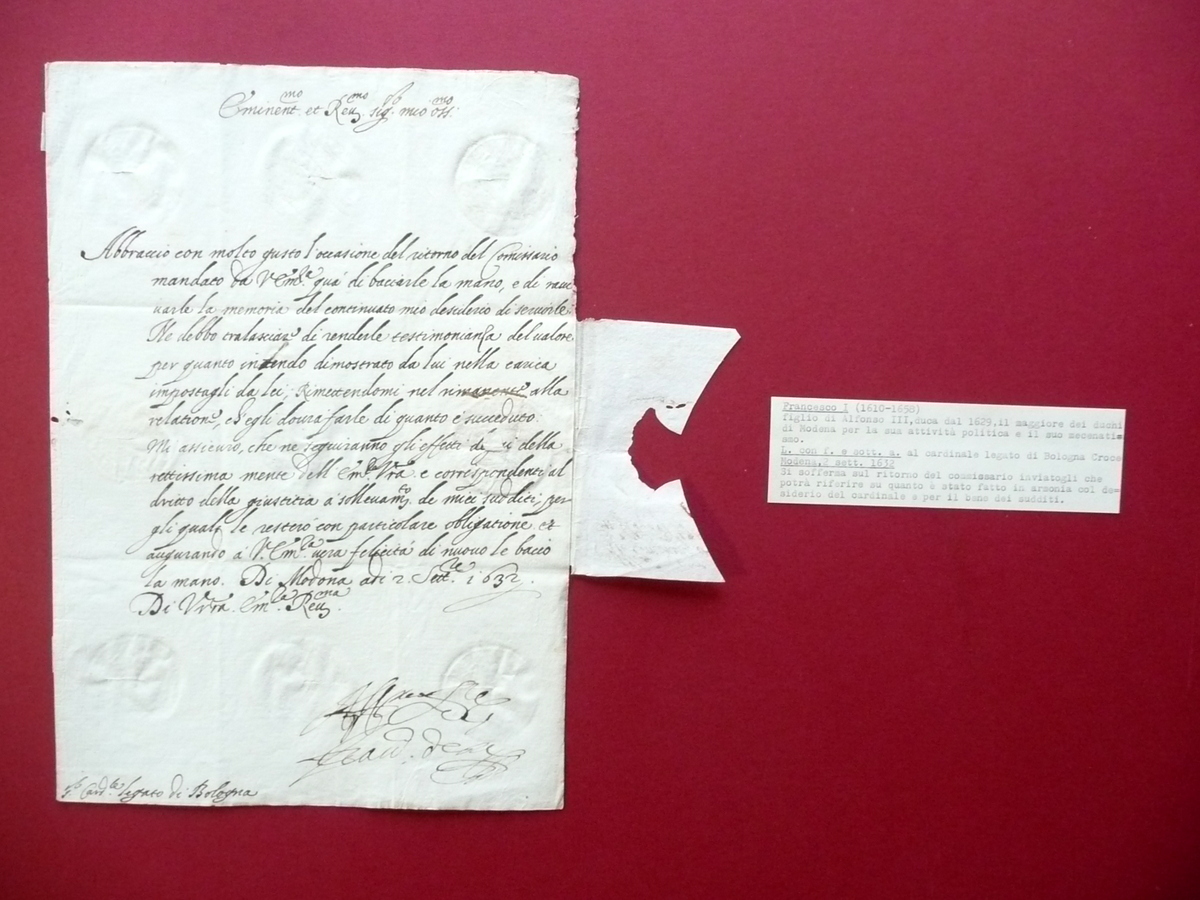 Autografo Francesco I Duca di Modena Lettera Firma Sottoscrizione Modena …