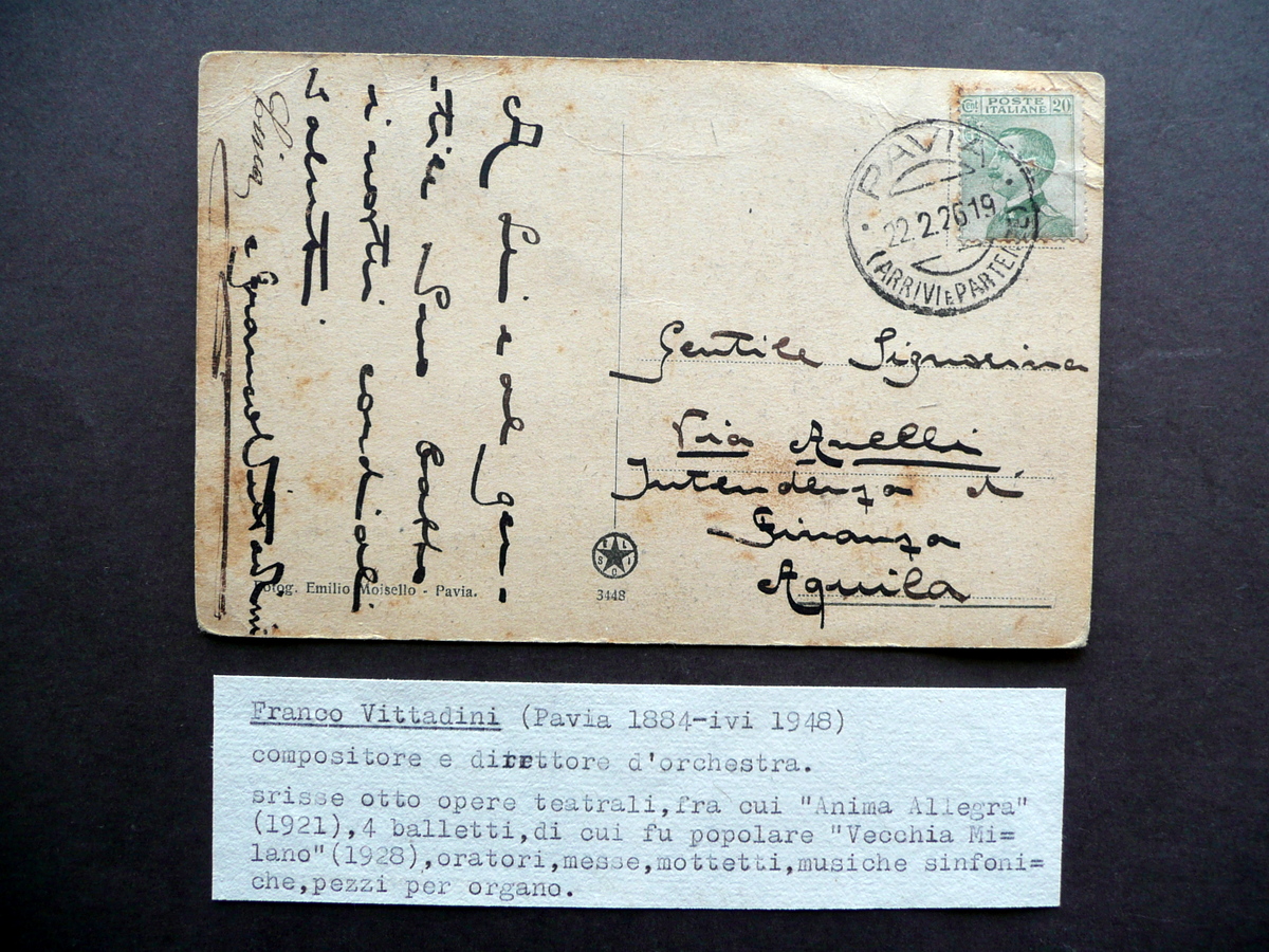Autografo Franco Vittadini Cartolina 1919 Compositore Direttore Orchestra Pavia