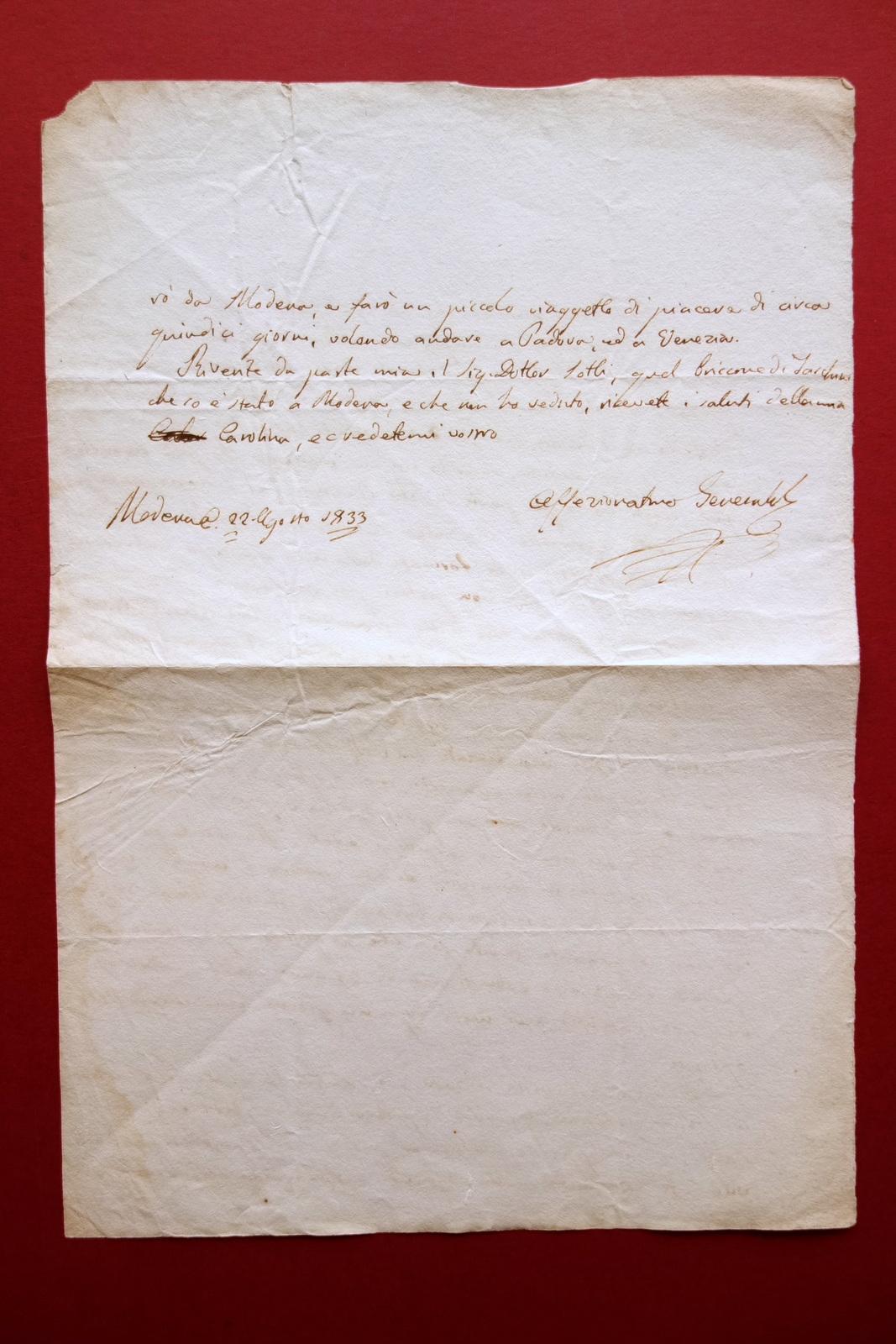 Autografo G. Generali Medico Naturalista Lettera Modena 22/8/1833 Ernia