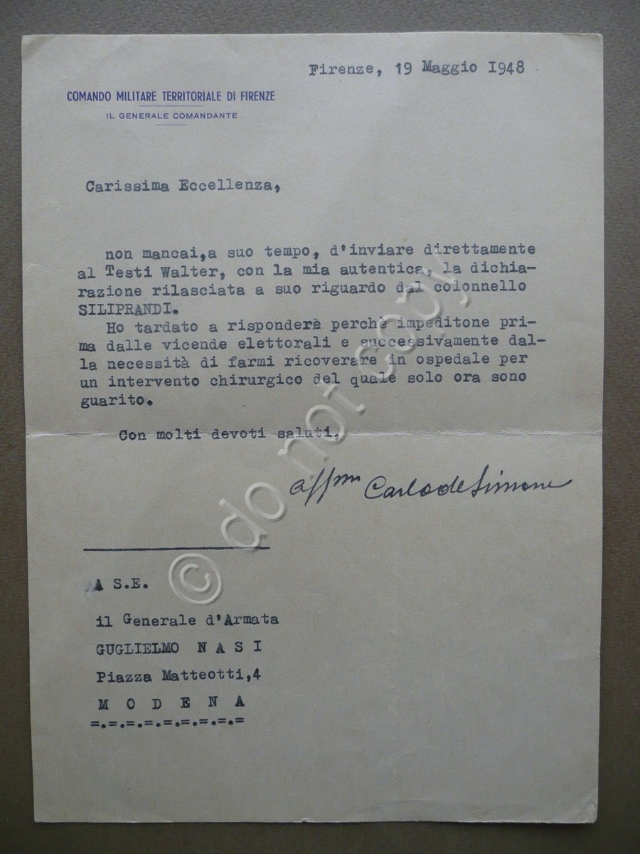 Autografo Generale Carlo de Simone Lettera Nasi Modena 1948 Difesa …