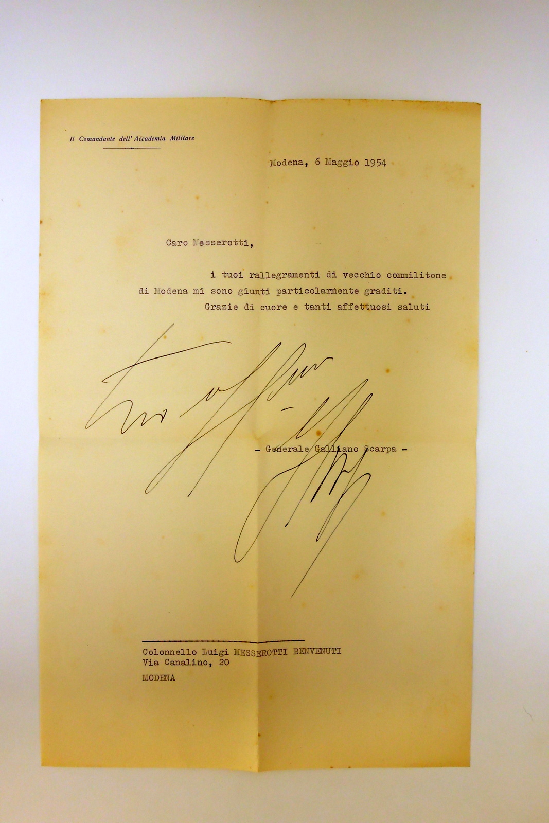 Autografo Generale Galliano Scarpa Comandante Accademia Militare di Modena 1954