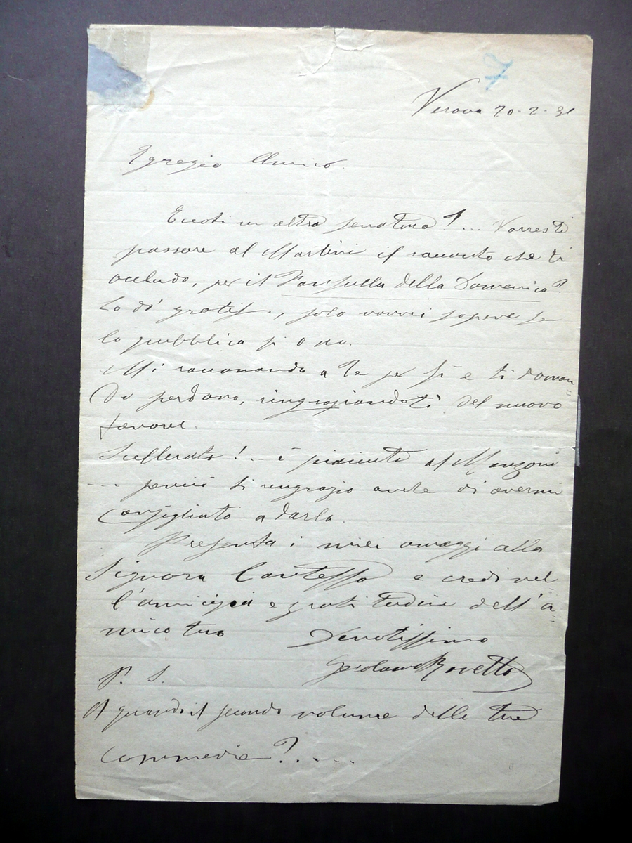 Autografo Gerolamo Rovetta Lettera Verona 1891(?) Racconto Fanfulla Domenica