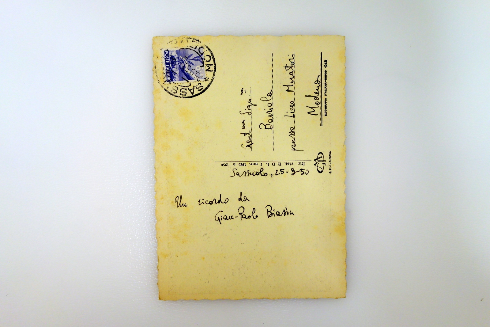 Autografo Gian Paolo Biasin Cartolina Sassuolo Palazzo Ducale 1950 Letteratura