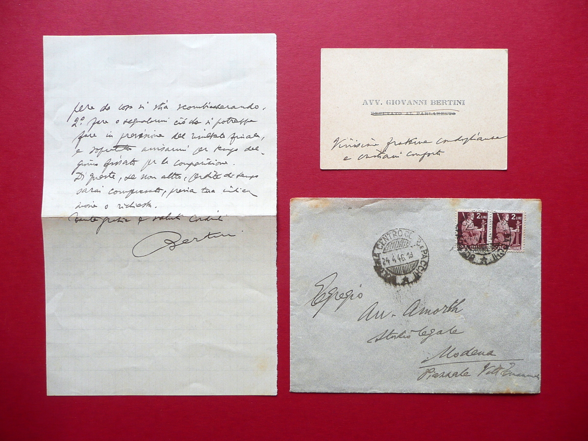Autografo Giovanni Bertini Lettera Bologna 24/4/1946 Camera dei Deputati