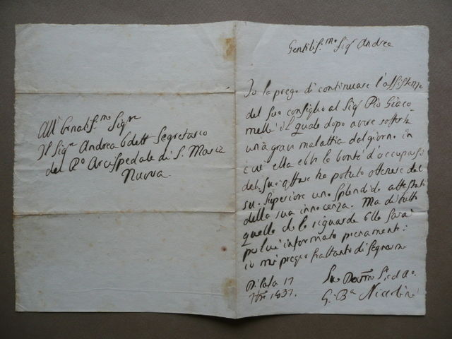 Autografo Giovanni Niccolini Lettera 1837 Letterato Ospedale Santa Maria Novella