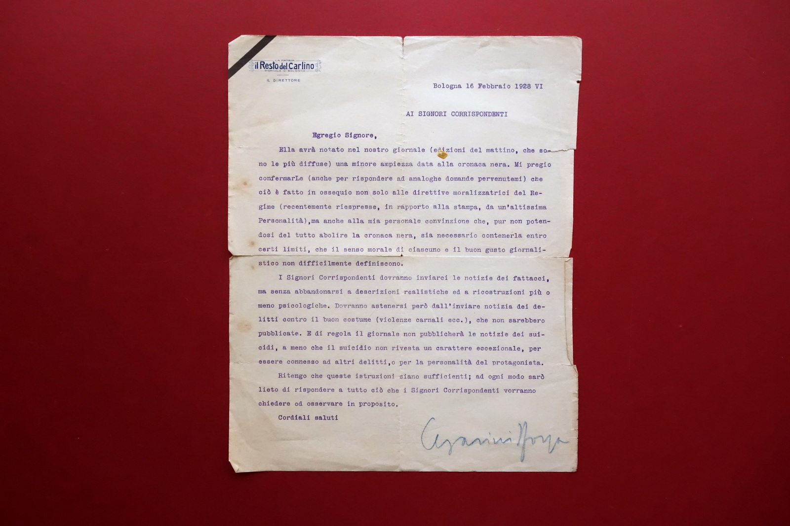 Autografo Giovanni Sforza Lettera Firmata Il Resto del Carlino Direttore …