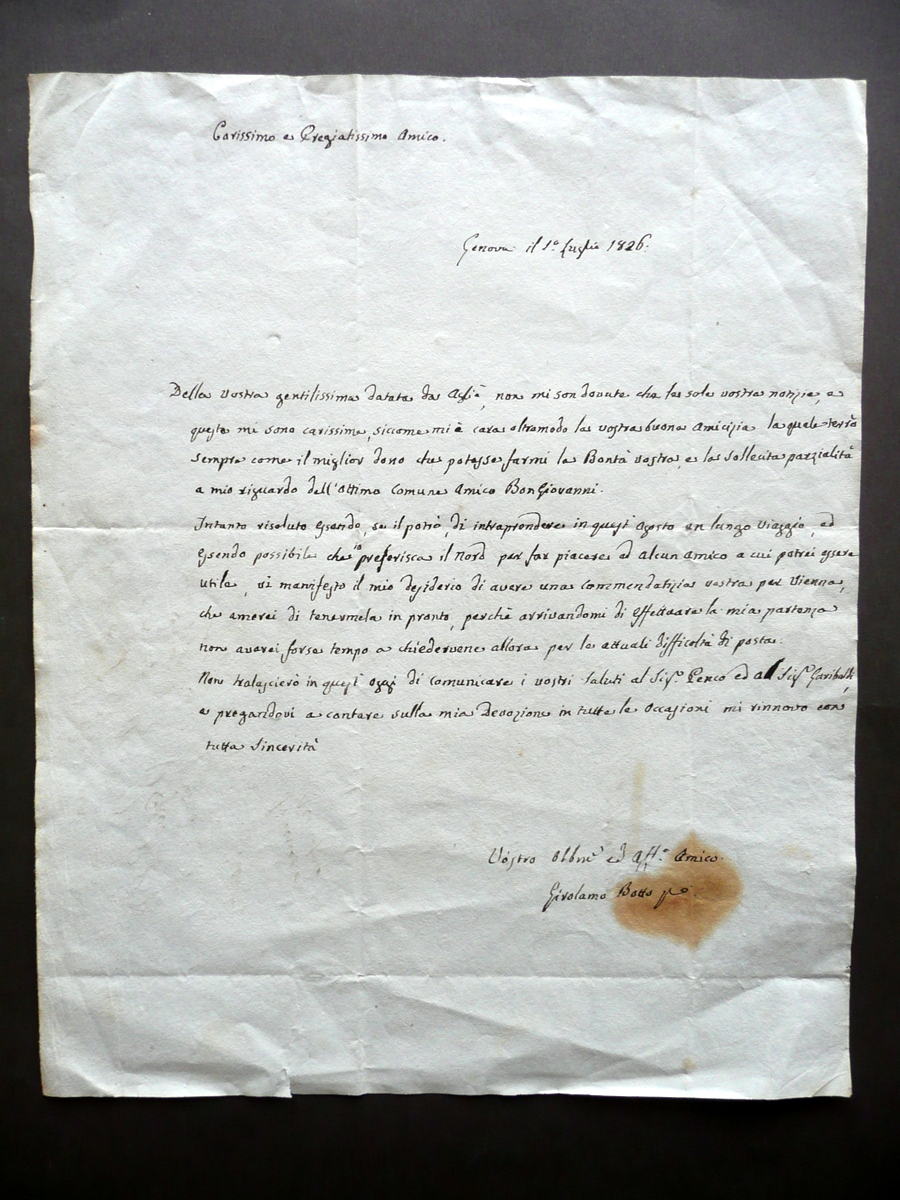 Autografo Girolamo Botto Lettera Genova 1826 Prof. Chimica Manfredini Modena