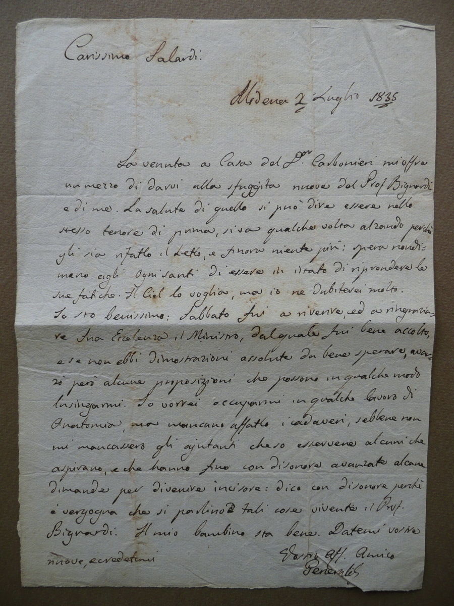 Autografo Giuseppe Generali Medico Lettera Modena 1835 Abate Salardi Novellara