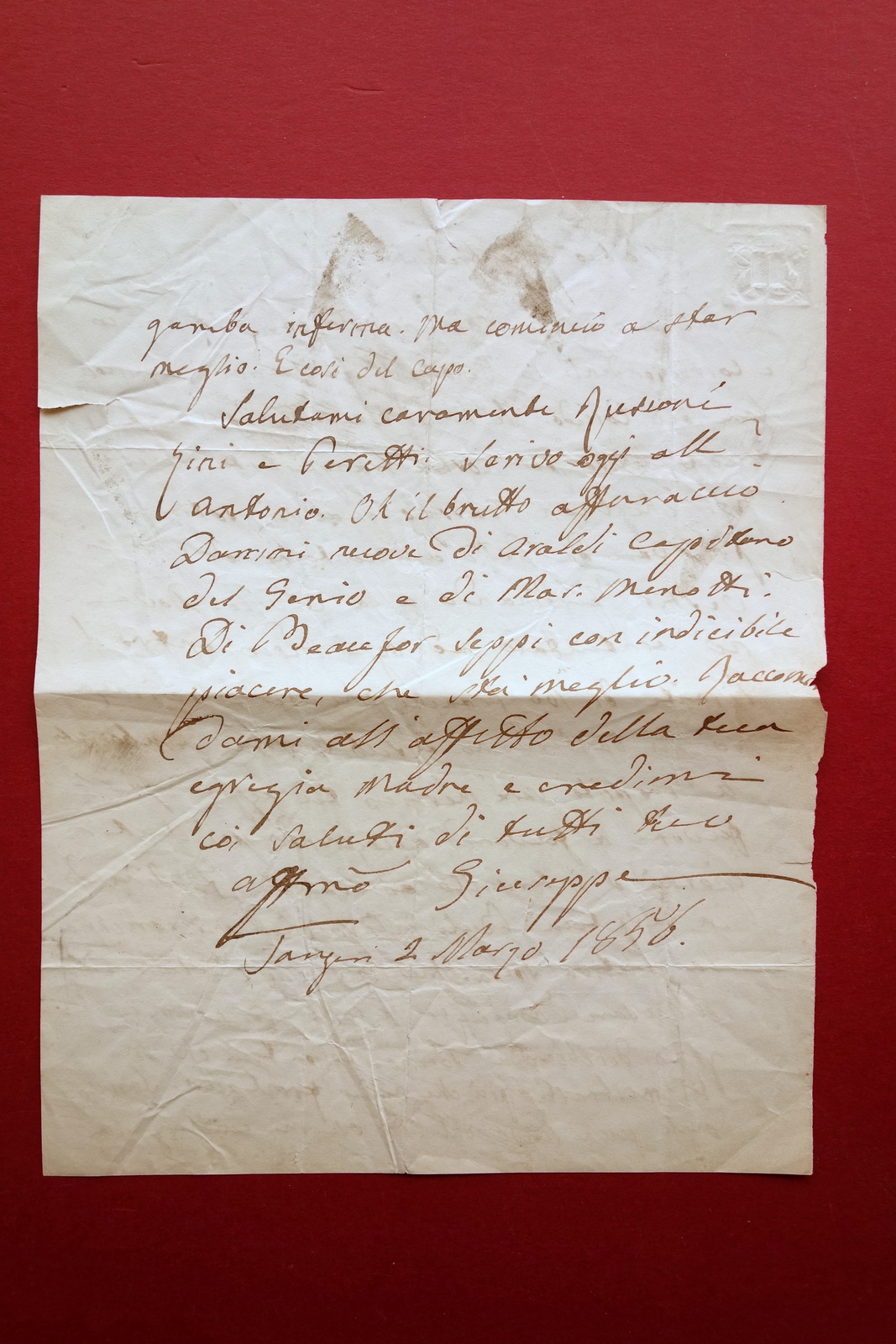 Autografo Giuseppe Malmusi Lettera Tangeri 2/3/1856 Militare Patriota Modena