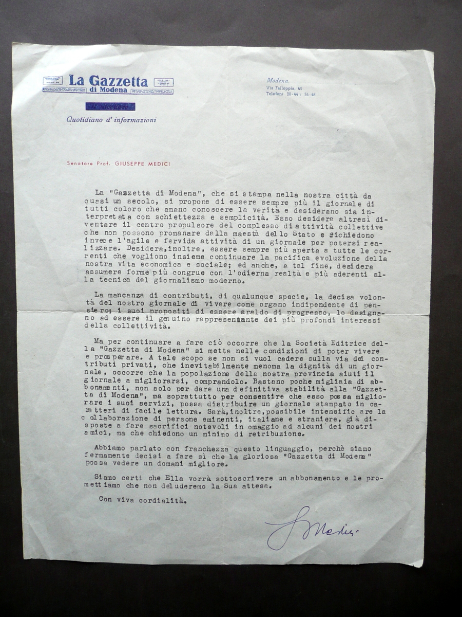 Autografo Giuseppe Medici Lettera Gazzetta di Modena Programma Rilancio