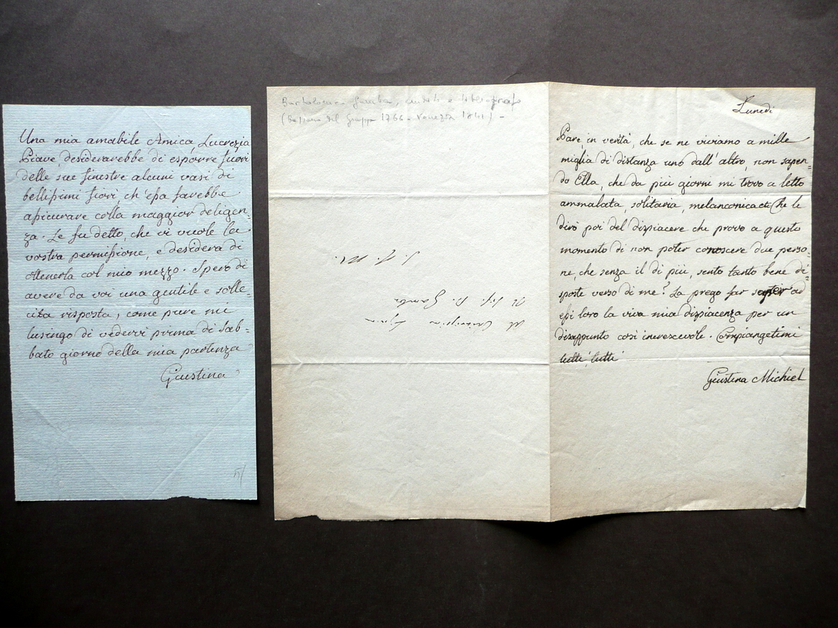 Autografo Giustina Renier Michiel Due Lettere B. Gamba A. Diedo …