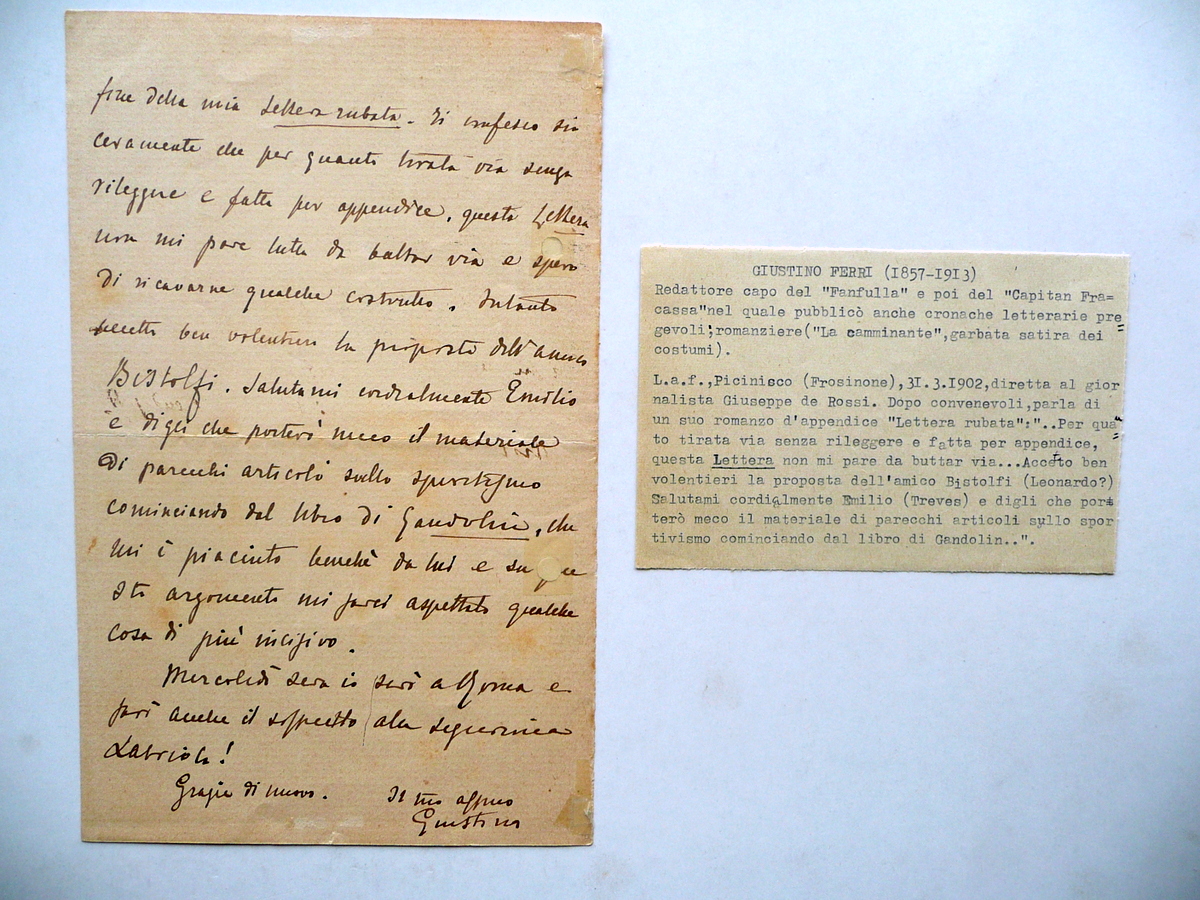 Autografo Giustino Ferri Lettera Picinisco Frosinone 31/3/1902 Capitan Fracassa