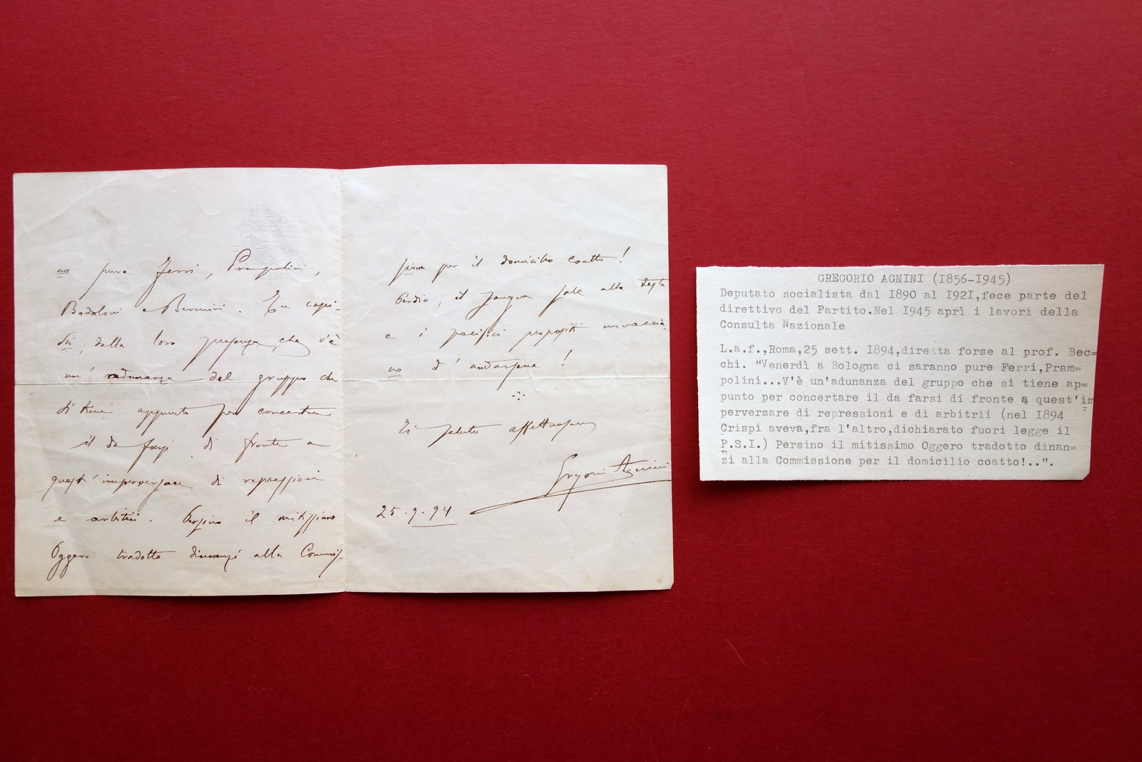 Autografo Gregorio Agnini Lettera 25/9/1894 Finale Emilia Socialismo Politica