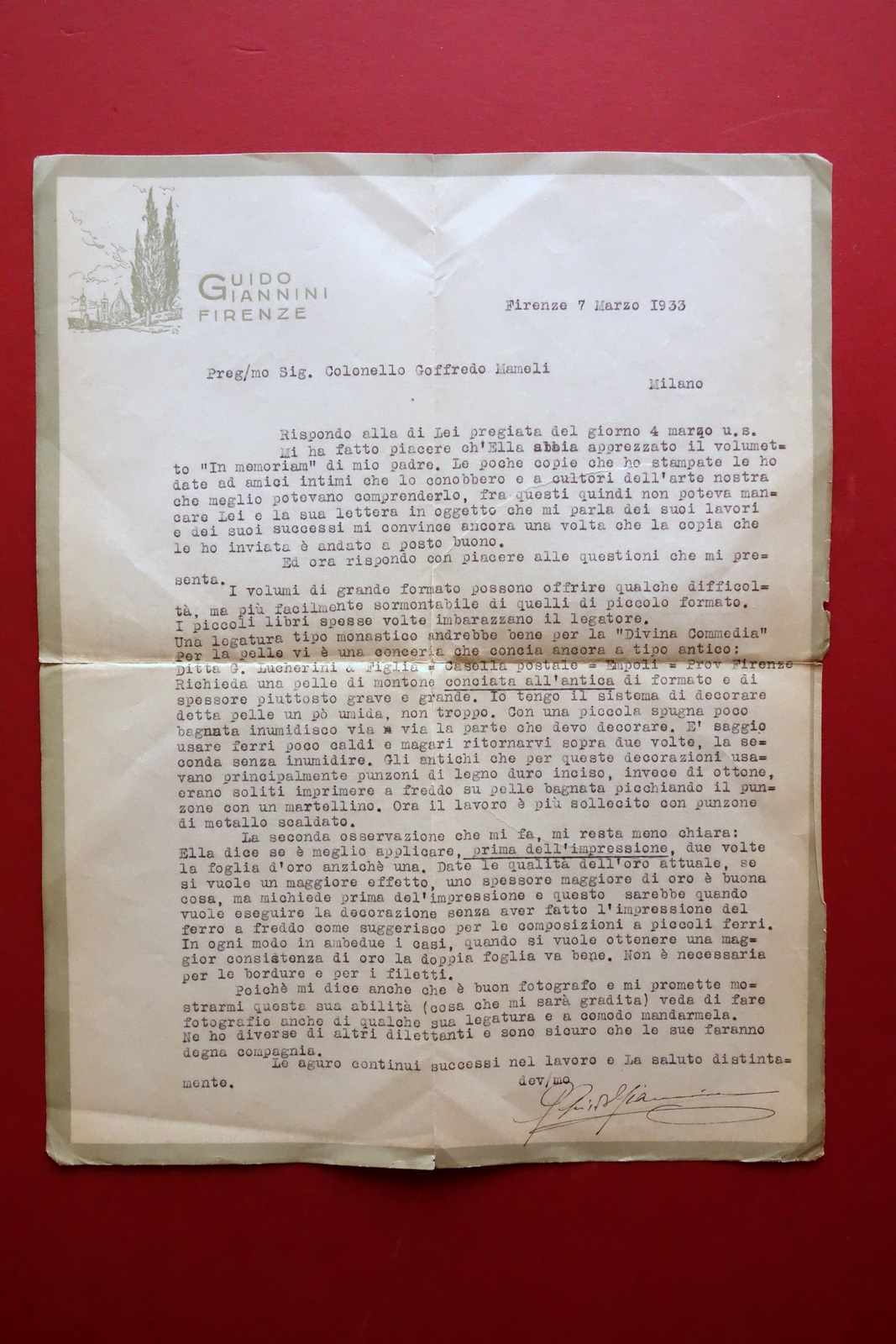 Autografo Guido Giannini Firenze Legatore di Libri Lettera Firma 1933