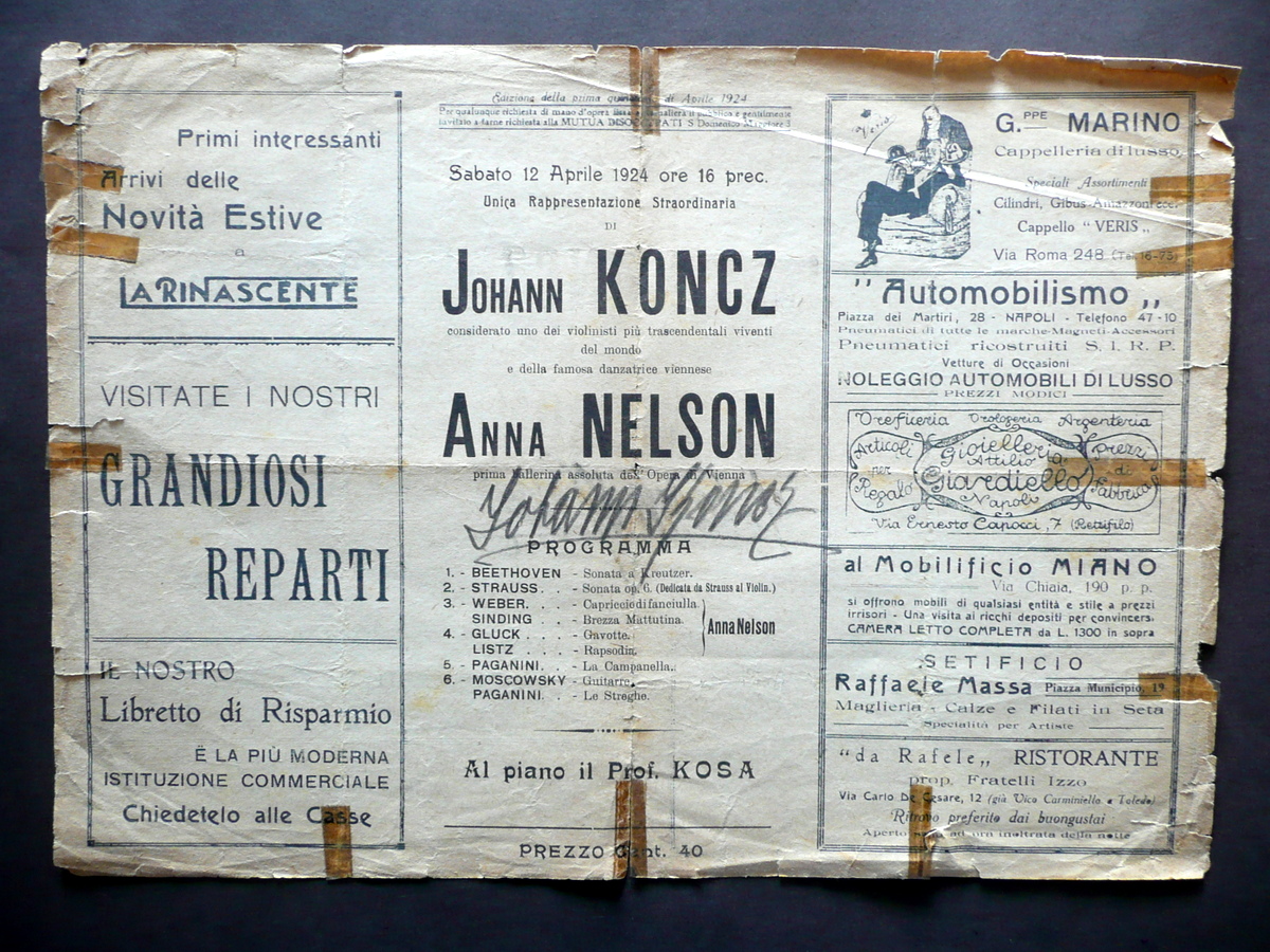 Autografo Johann Koncz Firma Programma Concerto 1924 R. Politeama Giacosa …