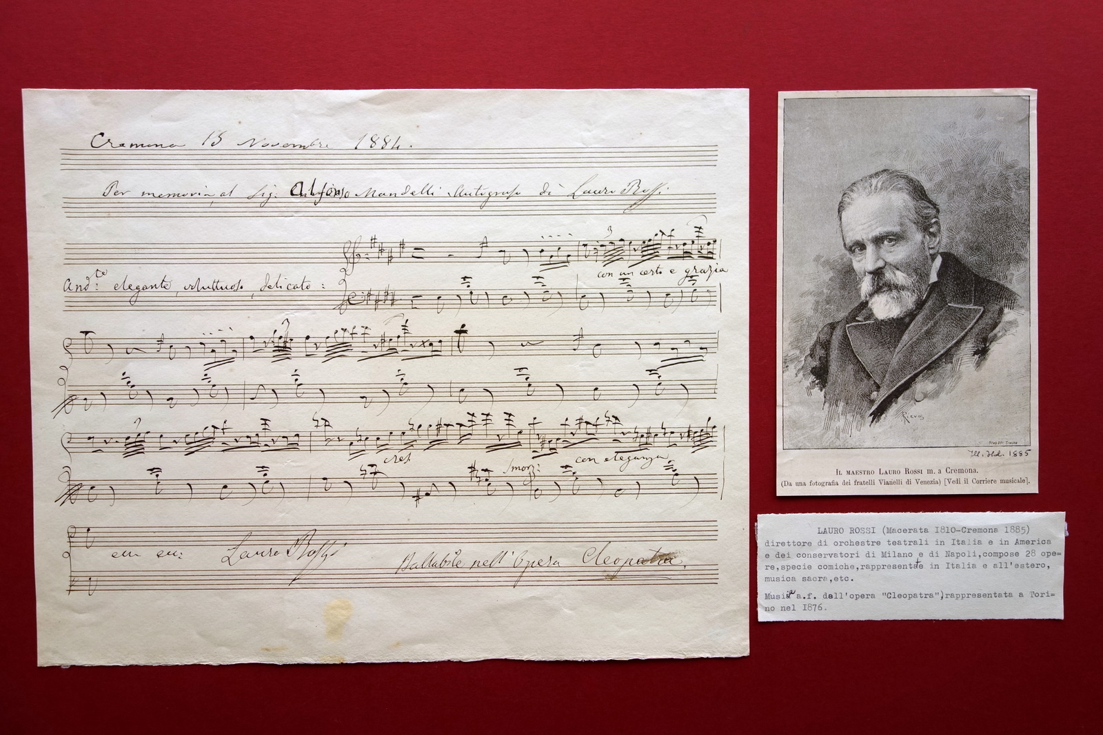 Autografo Lauro Rossi Pagina di Spartito Cleopatra Firme Cremona 15/11/1884 …