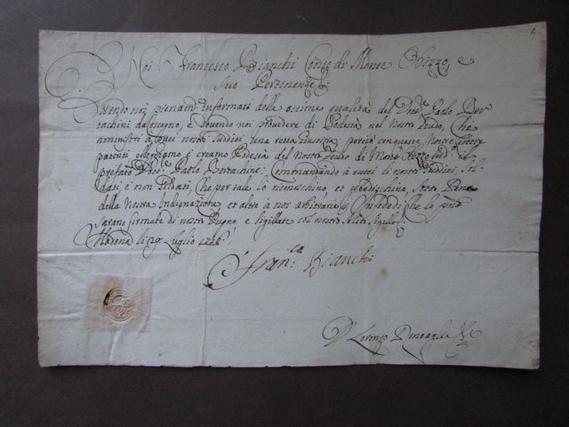 Autografo Lettera Francesco Bianchi 1716 Conte Monte Obizzo Nomina Podest‡