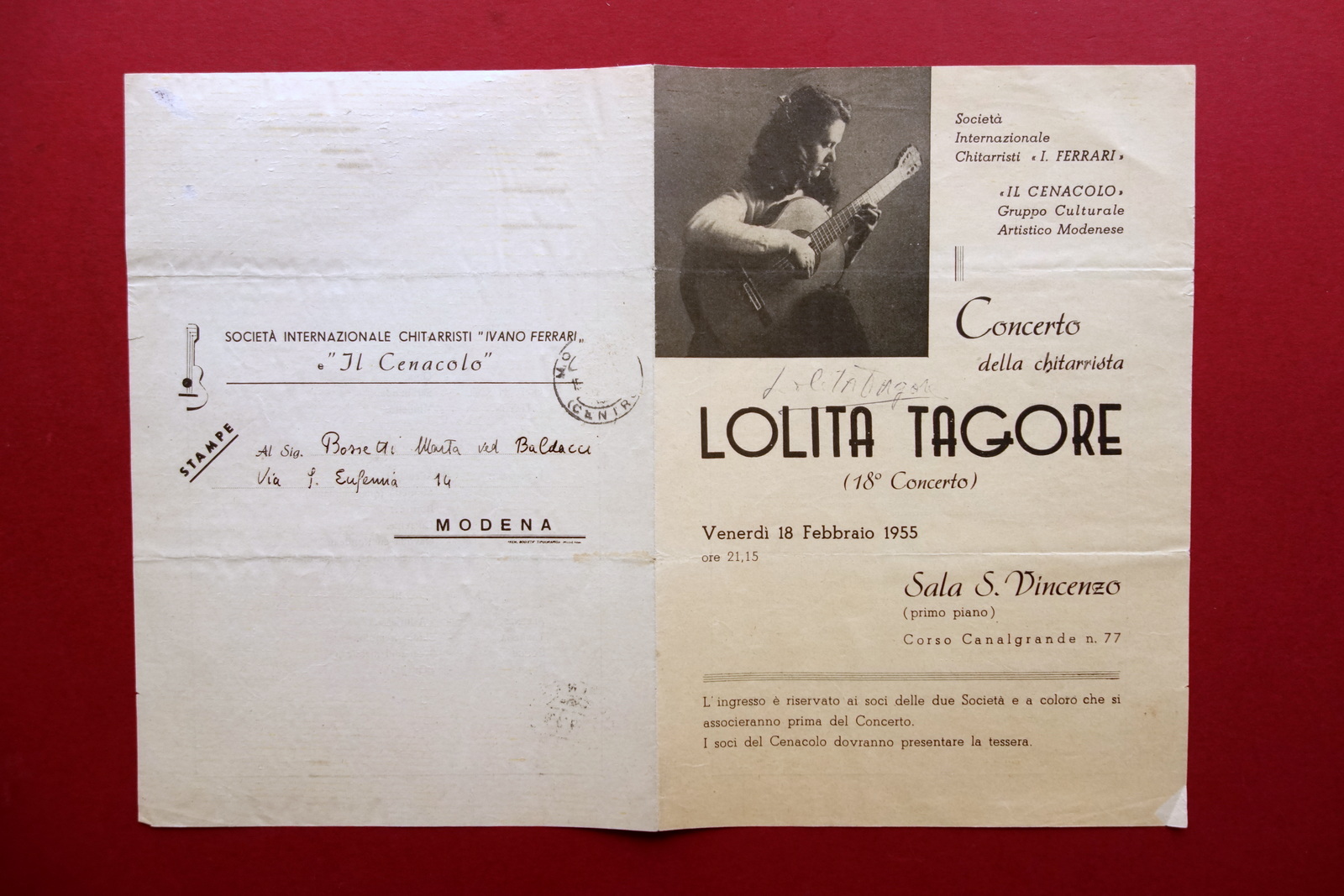 Autografo Lolita Tagore Chitarrista Programma Concerto S. Vincenzo Modena 1955