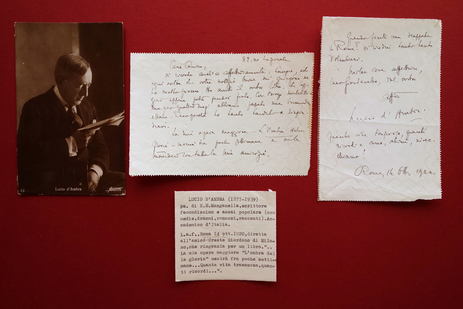 Autografo Lucio d'Ambra Lettera Roma 1920 Oreste Giordano Letteratura
