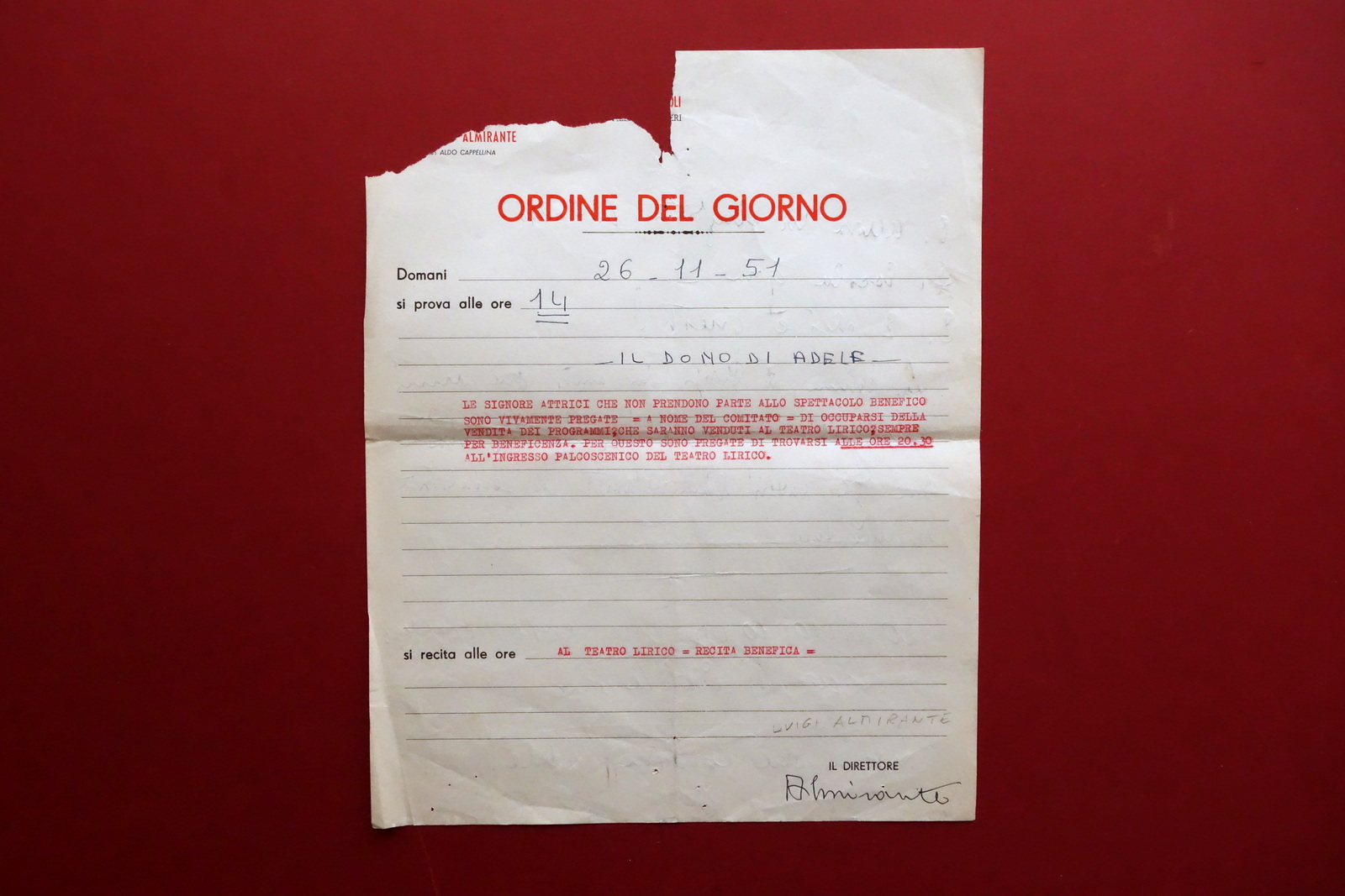 Autografo Luigi Almirante Lettera Ordine del Giorno Teatro Il Dono …