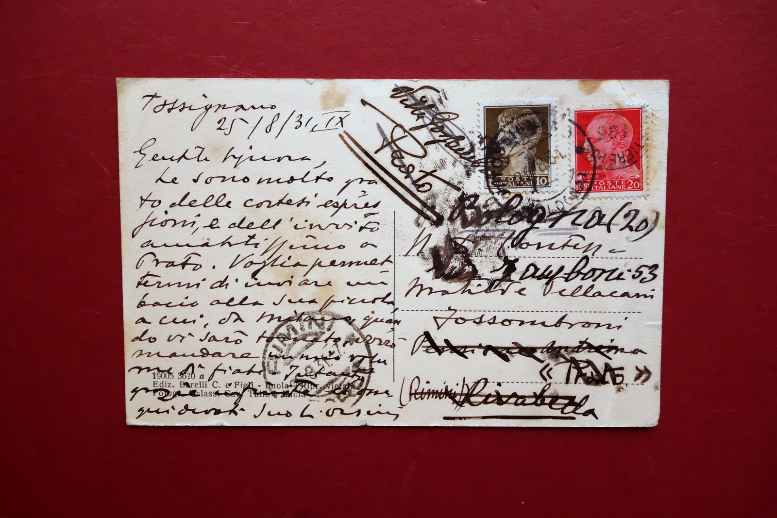 Autografo Luigi Orsini Cartolina Tossignano 1931 Contessa Fossombroni Poeta