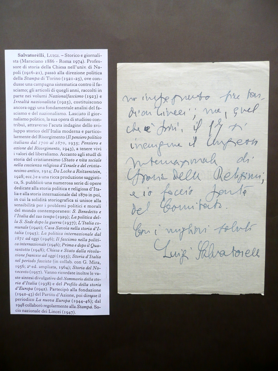 Autografo Luigi Salvatorelli Lettera Accademia dei Lincei Roma 13/4/1955(?)