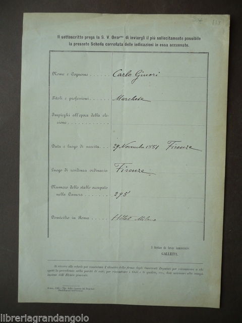 Autografo Marchese Carlo Ginori Ceramica Richard Firenze 1886 Scheda