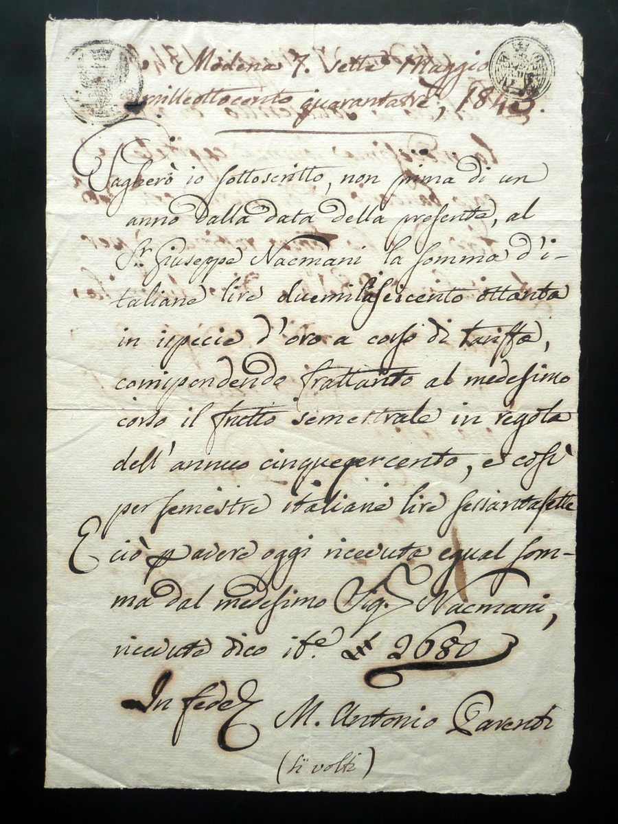 Autografo Marco Antonio Parenti Ricevute 1843-45 Pavullo Montecuccolo Due Firme