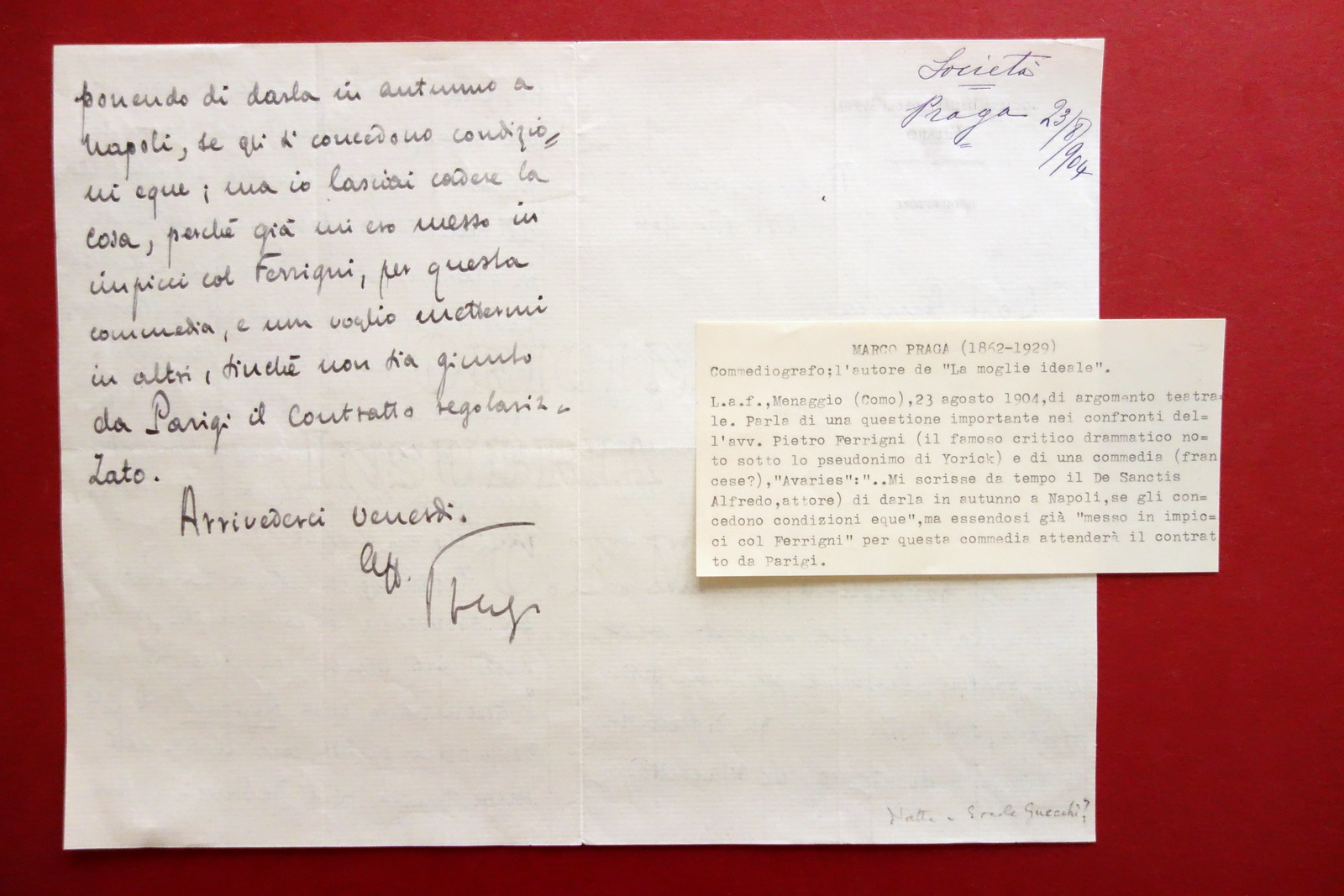 Autografo Marco Praga Lettera Menaggio 23/8/1904 Yorick Avaries Teatro