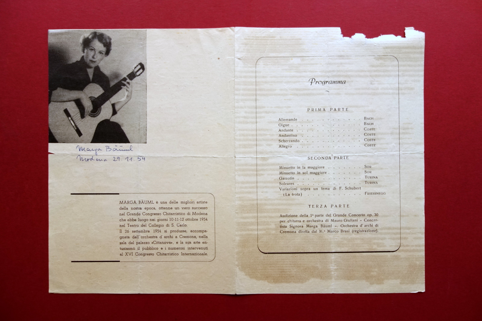 Autografo Marga Bauml Chitarrista Programma del Concerto Modena Il Cenacolo …