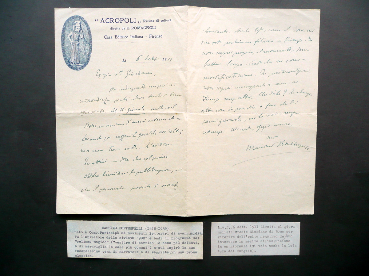 Autografo Massimo Bontempelli Lettera Rivista Acropoli Firenze 1911 Letteratura
