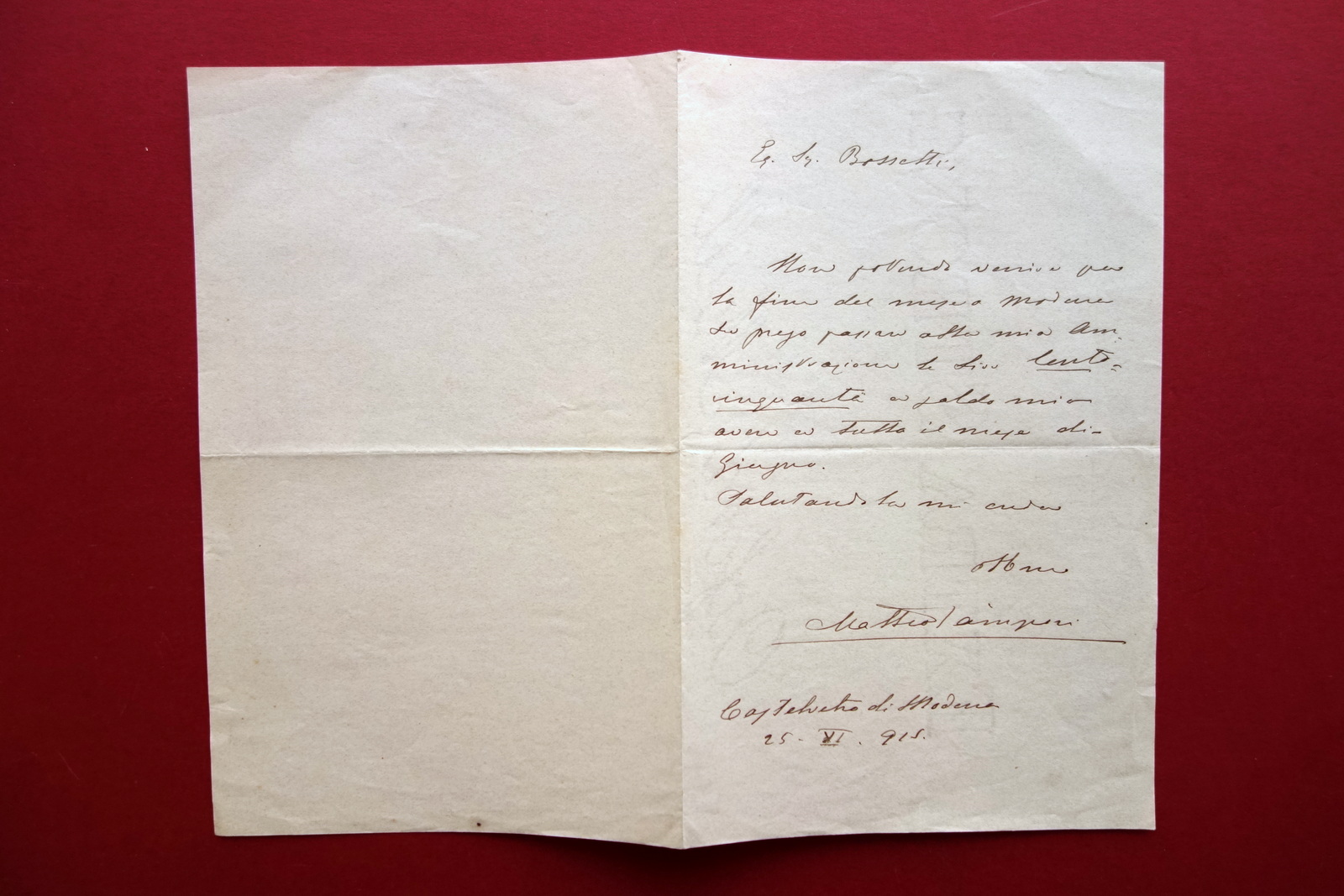 Autografo Matteo Campori Lettera Bossetti Castelvetro di Modena 1915