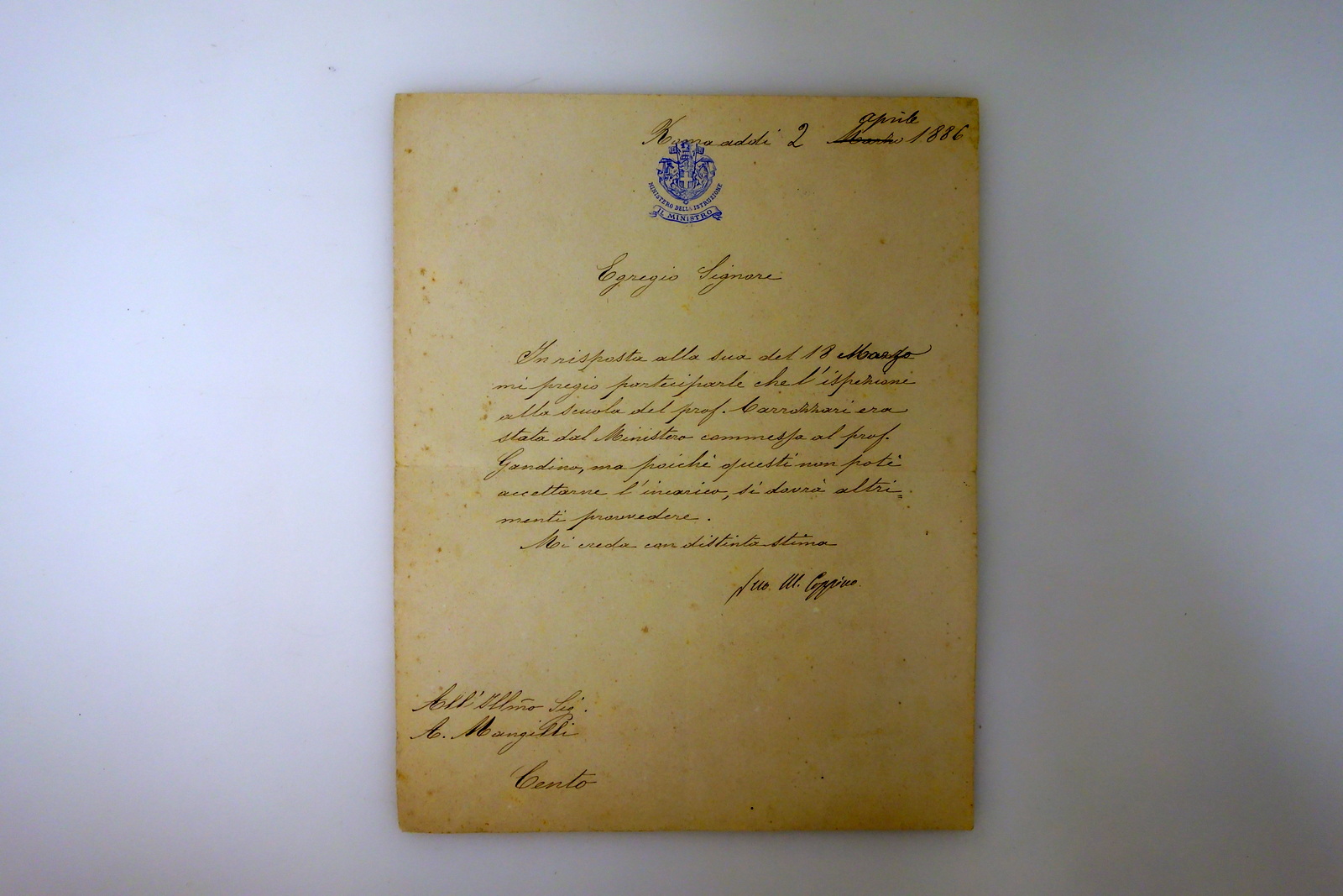 Autografo Michele Coppino Lettera Roma 1886 Ministro Istruzione Politica Alba