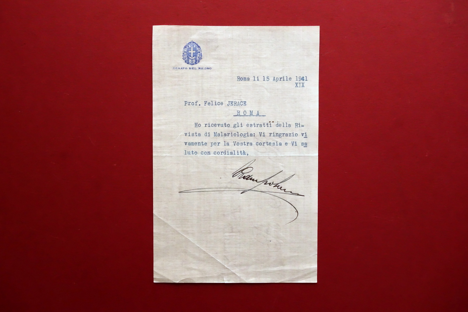 Autografo Natale Prampolini Lettera Senato del Regno Roma 1941 Malariologia