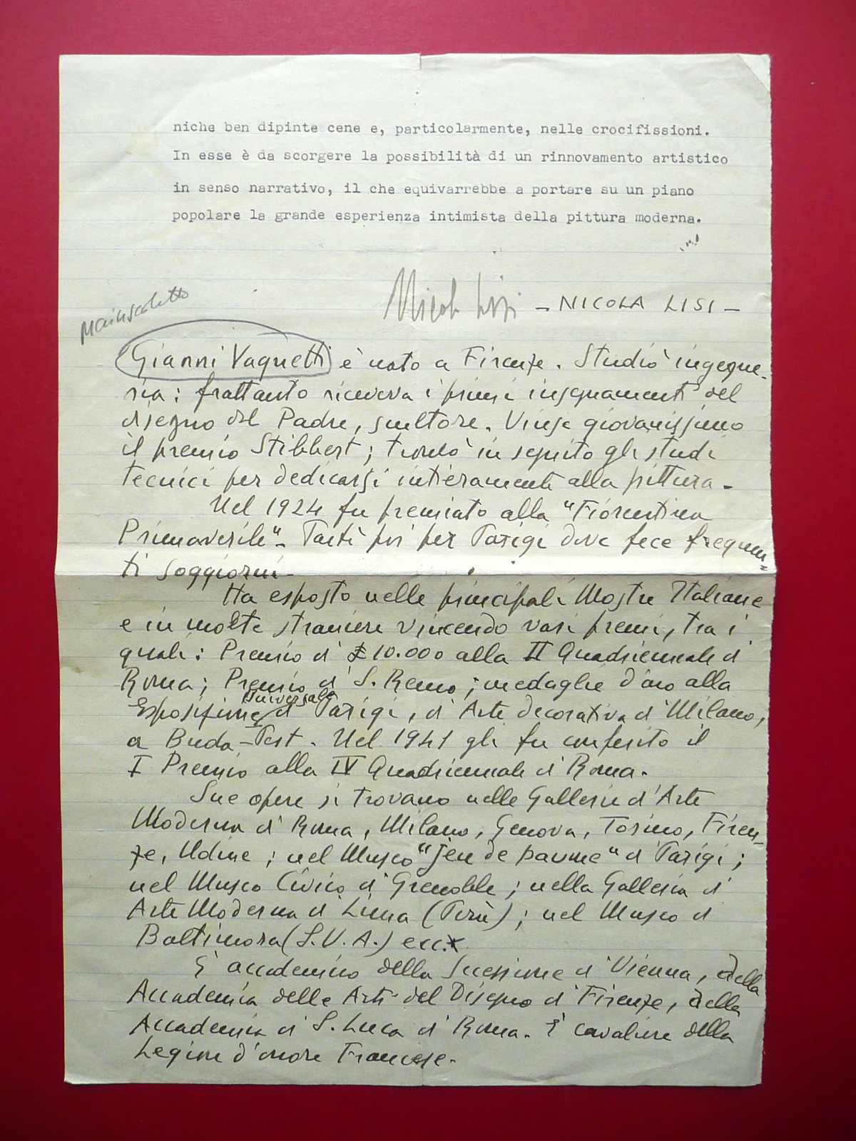 Autografo Nicola Lisi Scarperia Firma Articolo Gianni Vagnetti Saletta Modena