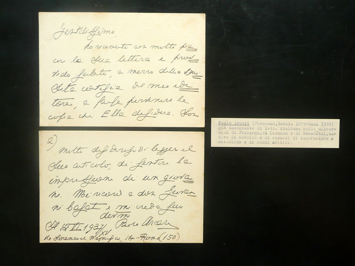 Autografo Paolo Arcari 2 Cartoline Roma 12/6/1937 Scrittore Insegnante Forneux