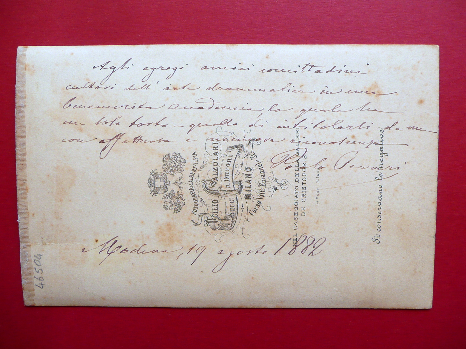 Autografo Paolo Ferrari Fotografia Calzolari Milano 1882 Teatro Letteratura