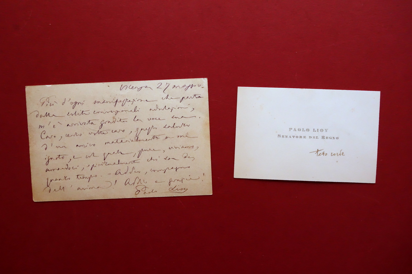 Autografo Paolo Lioy Cartolina Vicenza 1896 Naturalista Politico Biglietto